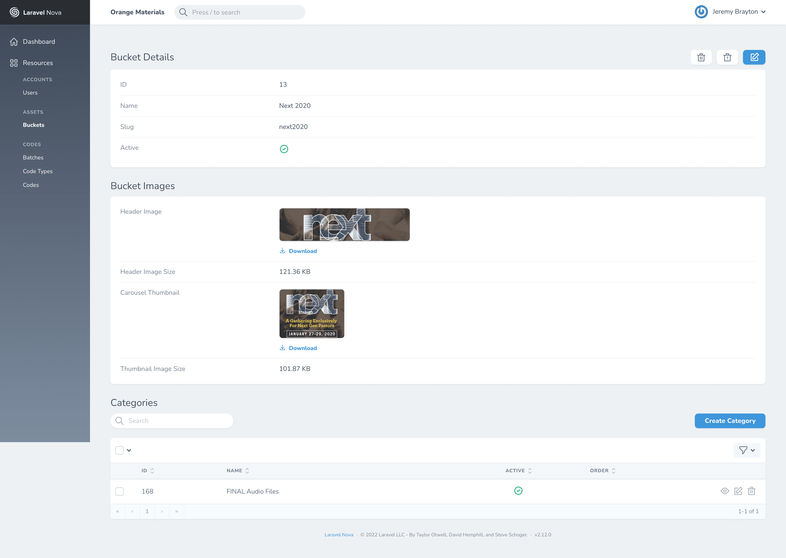 NEXT 2020 bucket details in the admin CMS