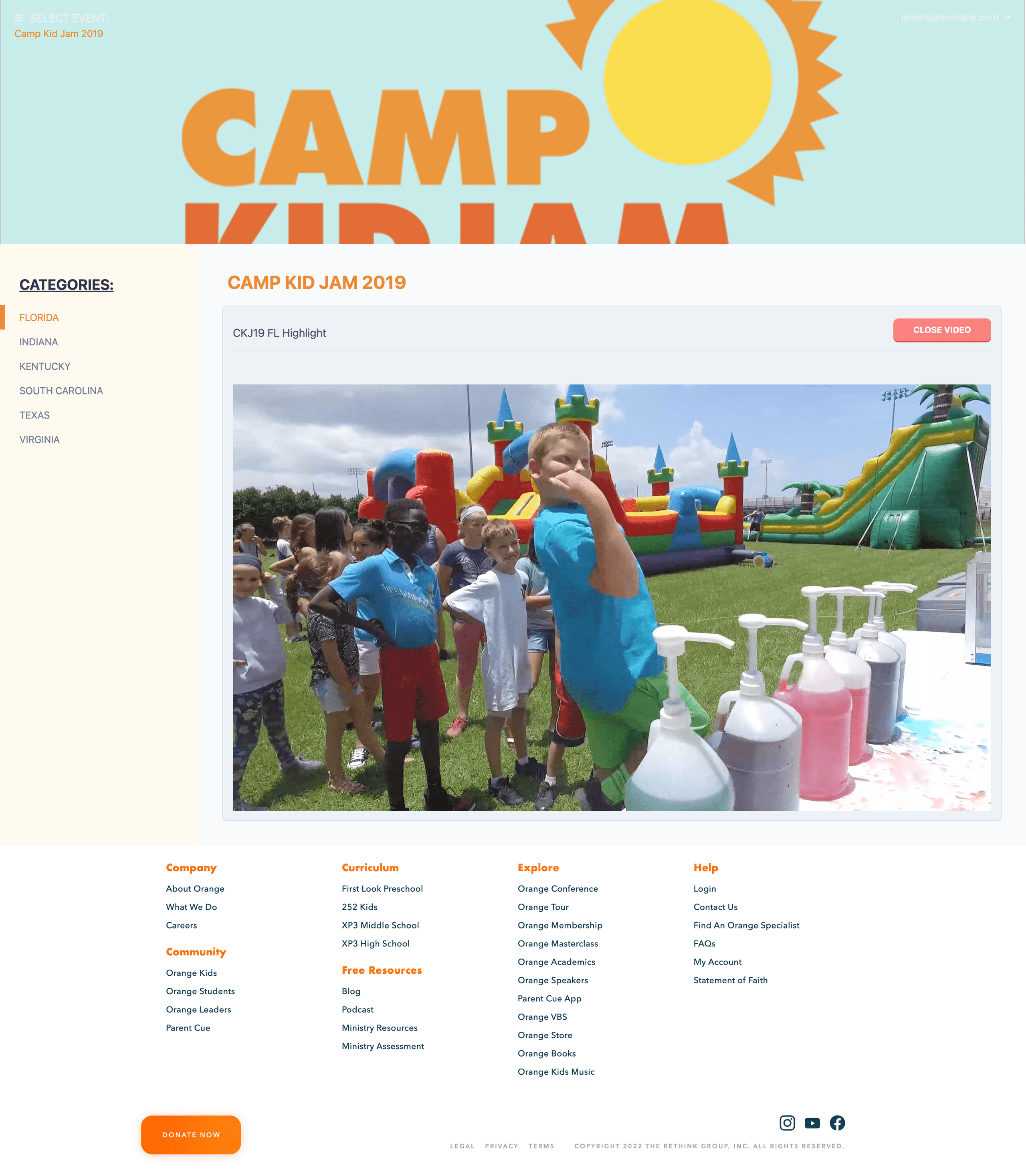 Camp Kid Jam event page with a video of a kid bustin' some sweet moves.